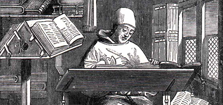 Een monnik achter zijn schrijftafel. © William Blades (1824-1890)