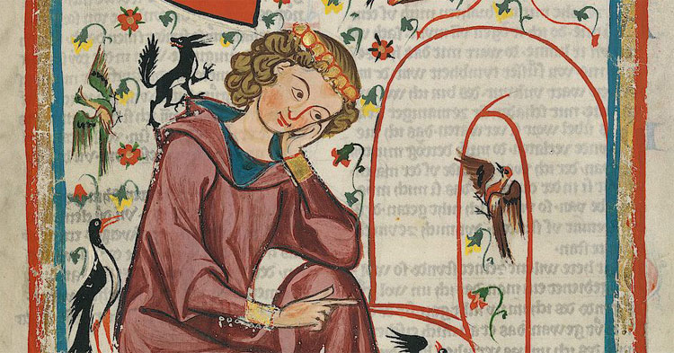 Hendrik van Veldeke, afgebeeld in de 14de-eeuwse Codex Manesse. © Meister des Codex Manesse