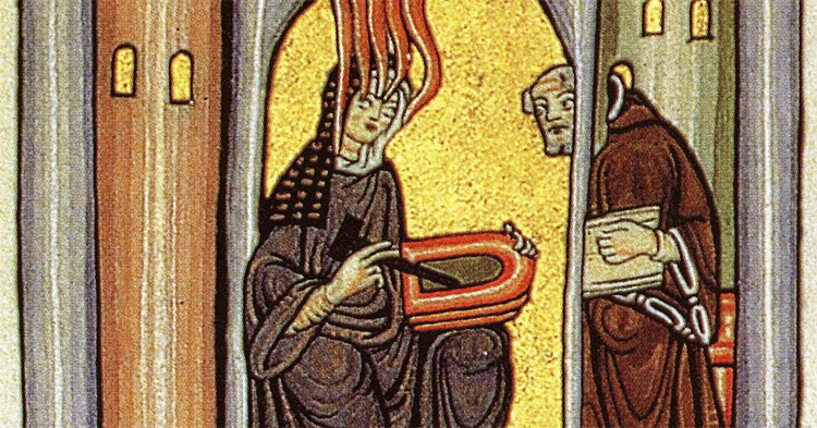 Een mystica uit ongeveer dezelfde tijd: Hildegard van Bingen schrijft haar visioenen op wastabletten. Haar secretaris schrijft ze over op perkament. Bron: Rupertsberger Riesenkodex.