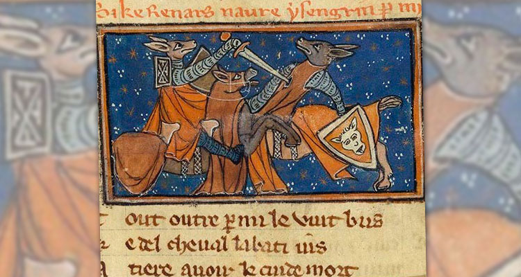Een afbeelding uit een Franstalig handschrift van Vanden vos Reynaerde uit ongeveer 1300.