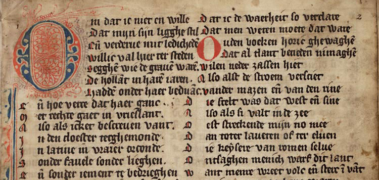 De eerste pagina uit de Rijmkroniek van Melis Stoke.