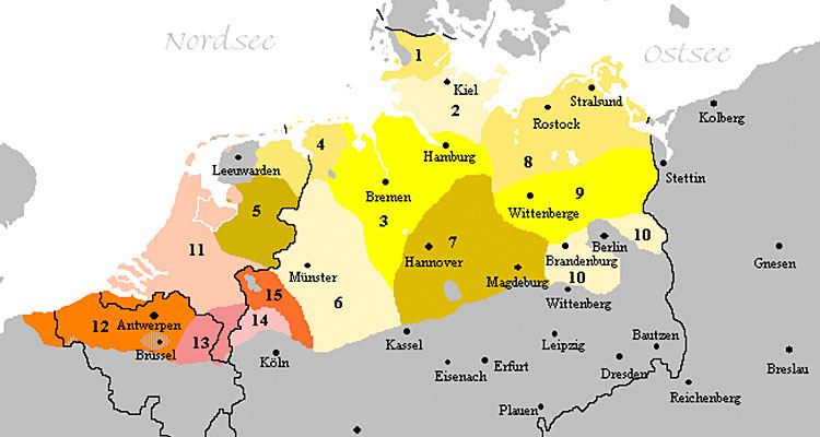 Tegenwoordig verspreidingsgebied Nederlandse (de rode kleuren) en de Nederduitse dialecten (gelig).