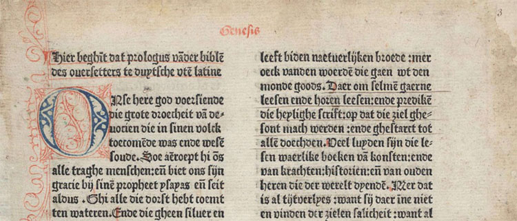 Proloog van de Delftse Bijbel uit 1477. © Jacob Jacobszoon van der Meer en Mauricius Yemantszoon van Middelborch