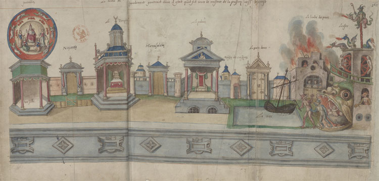 Het decor van een toneelstuk uit de zestiende eeuw. © Hubert Cailleau (1526–1590)