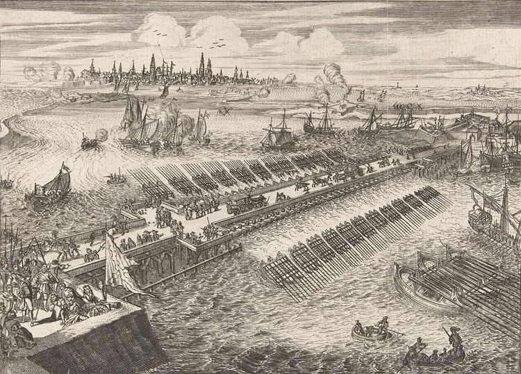 1585: Rijtuigen, soldaten en links de hertog van Parma op de schipbrug over de Schelde. In de verte ligt de stad Antwerpen. © Romeyn de Hooghe (1645-1708)