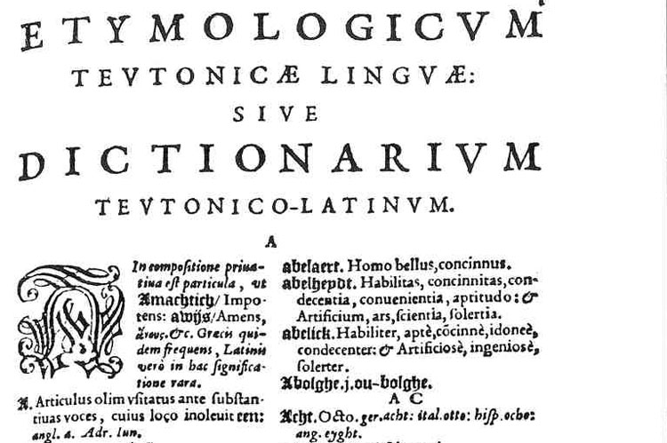 Het begin van de letter A in Etymologicum Teutonicae Linguae, sive Dictionarium Teutonico-Latinum van Kiliaan.