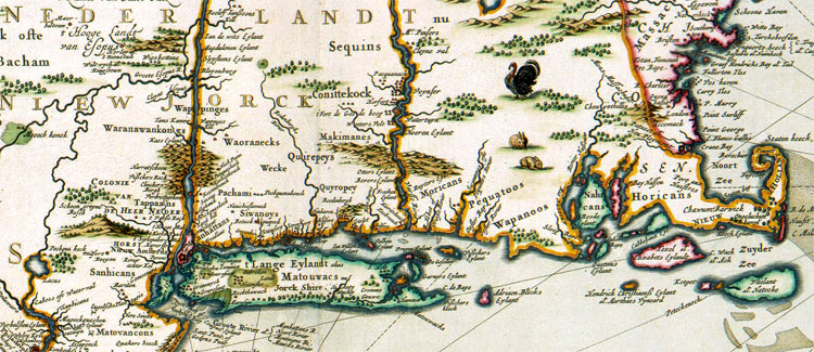 Een fragment van een kaart van Nieuw Nederland in 1684. Links zie je Long island en Manhattan, rechts liggen Nieuw Vlieland, Nieuw Holland en Nieuw Texel. © Nicolaas Visscher II (1649-1702)
