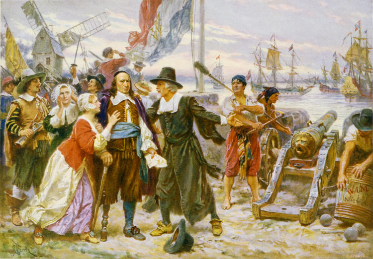 Inwoners van Nieuw Amsterdam smeken Peter Stuyvesant (links, met het houten been) om niet het vuur op de Engelsen te openen. © Jean Leon Gerome Ferris (1863–1930)