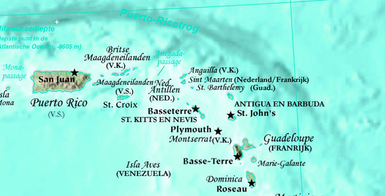 De Antillen en de Maagdeneilanden boven de kust van Venezuela. Bron: CIA Factbook.
