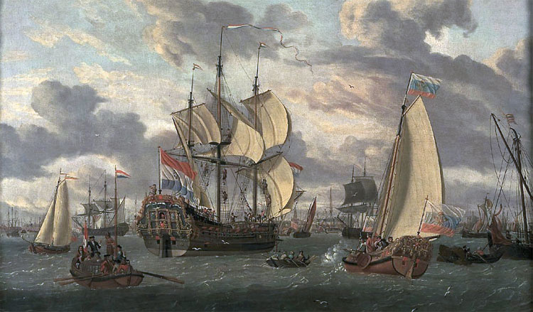Tsaar Peter de Grote op weg naar zijn schip op het IJ in Amsterdam. © Abraham Storck (1644–1708)