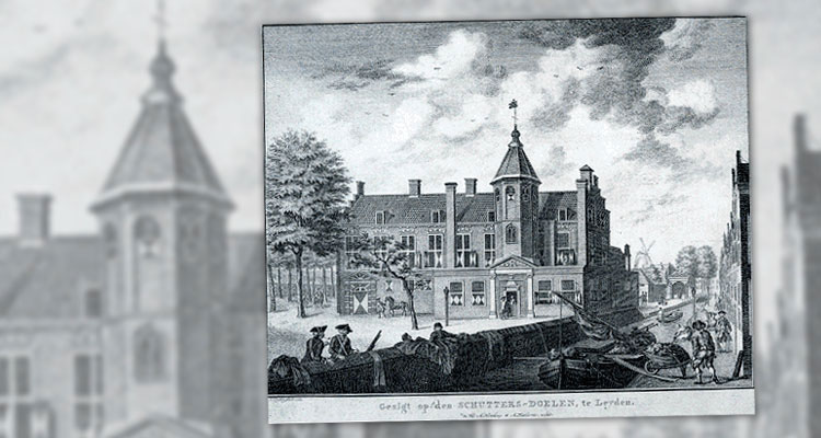 De oprichtingsvergadering van de Maatschappij der Nederlandse Letterkunde werd gehouden in de Schuttersdoelen in Leiden. © Abr. Delfos