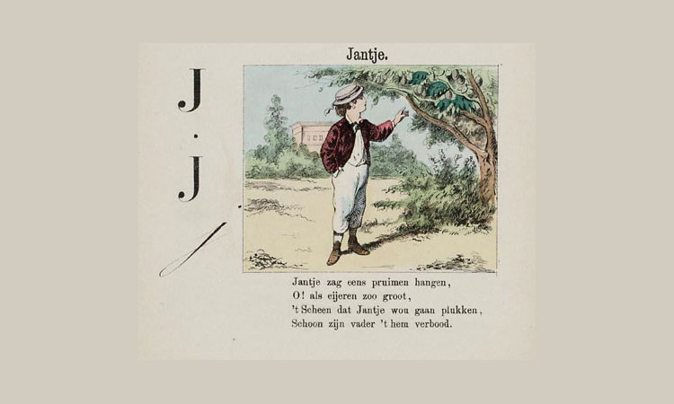 'Jantje zag eens pruimen hangen' van Van Alphen in een boekje uit 1872. © David Emrik (1841-1911)/ Charles Binger (1830-1916).