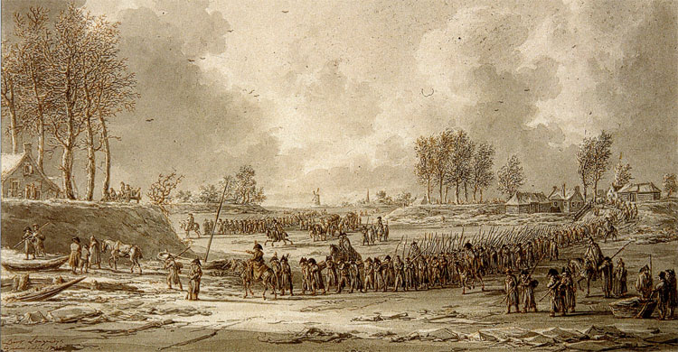 Het Franse leger trekt over de bevroren rivier de Waal, 1795. © Jan Anthonie Langendijk 1780-1818