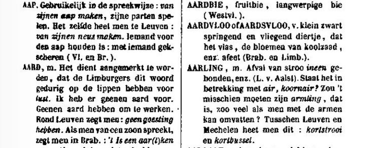 Een fragment van de pagina's over de letter A in het Algemeen Vlaamsch Idioticon
