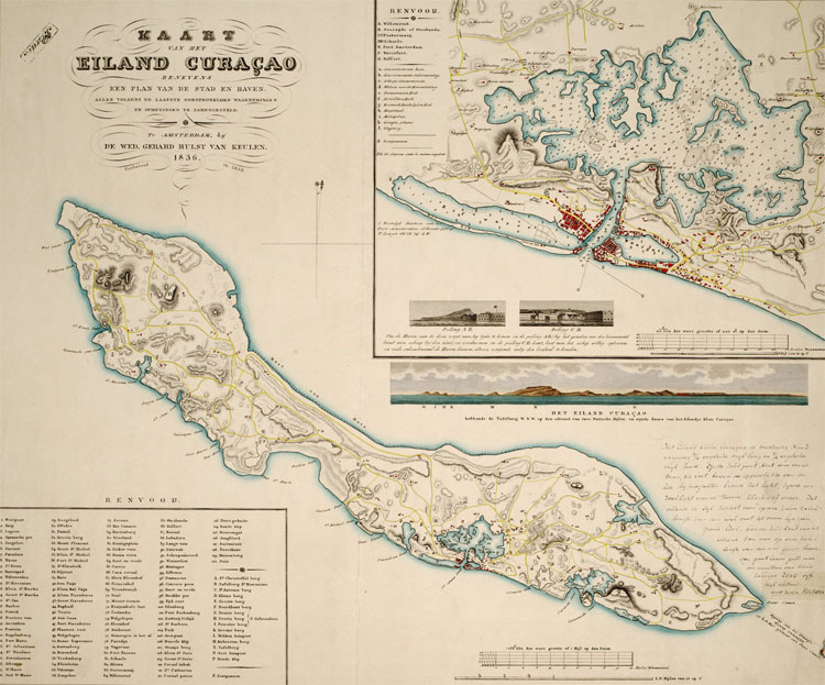 Kaart van Curaçao uit 1836. © R. van Raders/ D. Veelwaard Junior