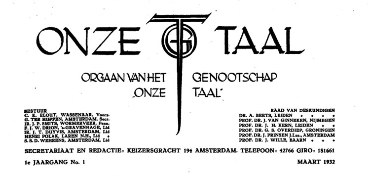 Het tijdschrift van het genootrschap Onze Taal: Jaargang 1, nummer 1.
