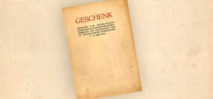 Op het voorblad van het eerste boekenweekgeschenk staat: Geschenk. Bijdragen van schrijvers en schrijfsters, bijeengebracht ter gelegenheid van de Nederlandsche boekenweek. 7-14 mei 1932.