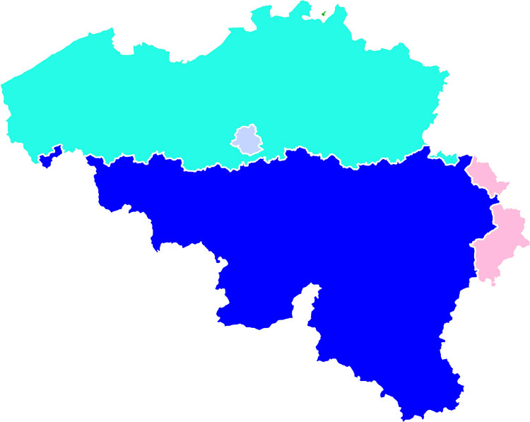 Donkerblauw: Franstalig, lichtblauw: Nederlandstalig, lavendelblauw: tweetalig (Brussel), roze: Duitstalig.