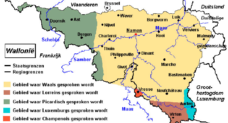 Streektalenkaart van Wallonië. © Wikimedia Commons