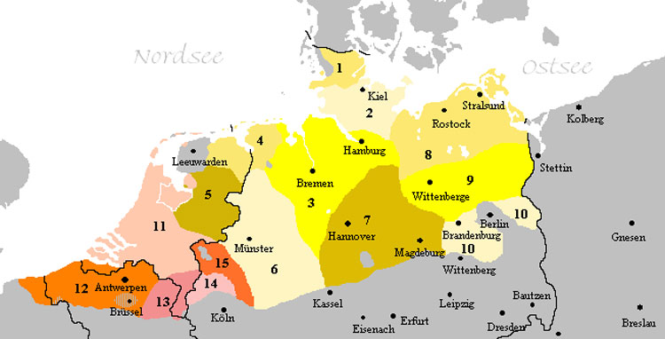 In het gebied van nummer 5 wordt Nedersaksisch dialect gesproken. © Wikimedia Commons