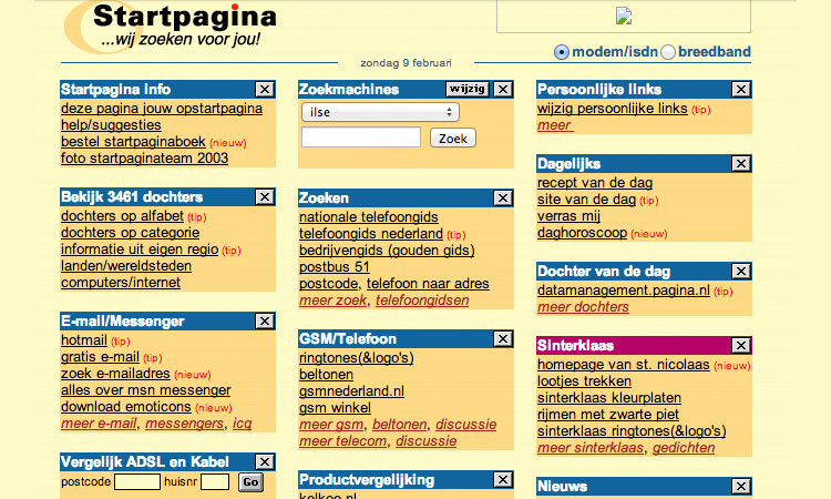 Startpagina.nl, een van de meest bezochte sites in Nederland in 2003, zoals de site er toen uitzag.