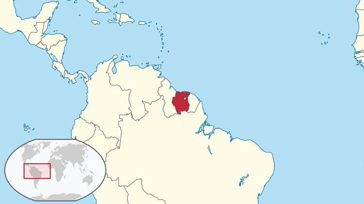 De ligging van Suriname in Zuid-Amerika. © Wikimedia Commons
