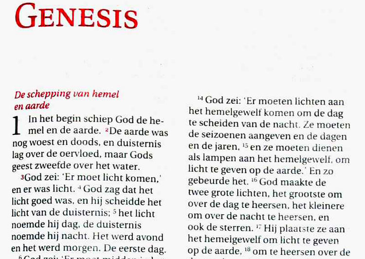 De eerste bladzijde uit de Nieuwe Bijbelvertaling. © Nederlands Bijbel Genootschap