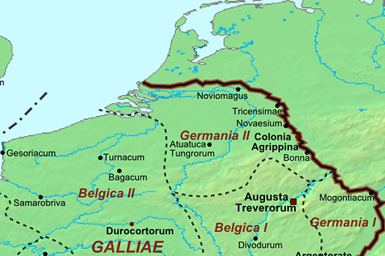 De Romeinse provincies Germania Prima, Germania Secunda, Belgica Prima en Belgica Secunda rond 400 na Christus. © Wikimedia Commons