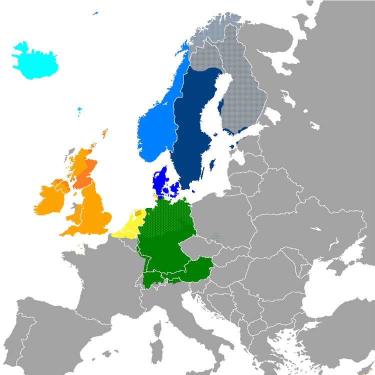 In kleur: de gebieden waar op dit moment Germaanse talen gesproken worden. © Wikimedia Commons