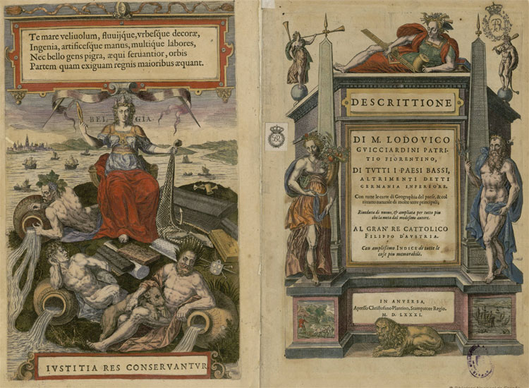 Titelbladen van Descrittione di tutti i Paesi Bassi (Beschrijving van de Nederlanden) uit 1581. © Lodovico Guicciardini