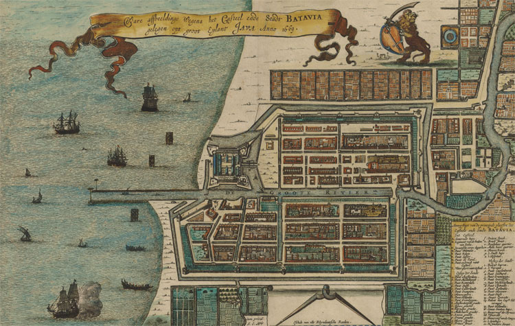 Op de afbeelding staat: 'Waere affbeeldinge Wegens het Casteel ende Stadt BATAVIA gelegen opt groot Eylant JAVA Anno 1669.' © Arnoldus Montanus (1625–1683)