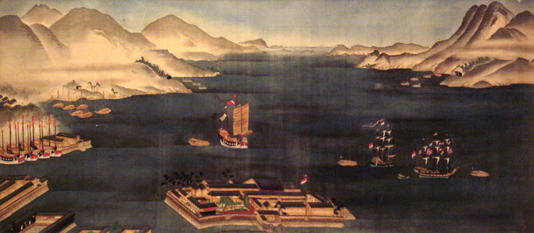 Dejima en de Baai van Nagasaki in 1820. © Wikimedia Commons