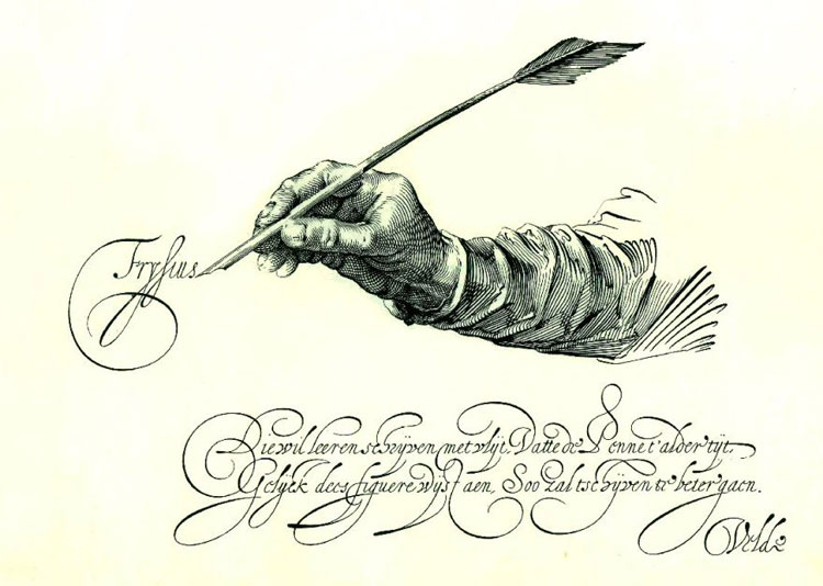 Kalligrafie van Jan van de Velde I uit 1605 met Simon Wynhoutsz. Frisius. Er staat: Frysius, die wil leren schrijven met vlijt, vatte de Penne t'alder tijd, Gelijck dees figuere wijst aen, Soo sal tschrijven te beter gaen... Velde