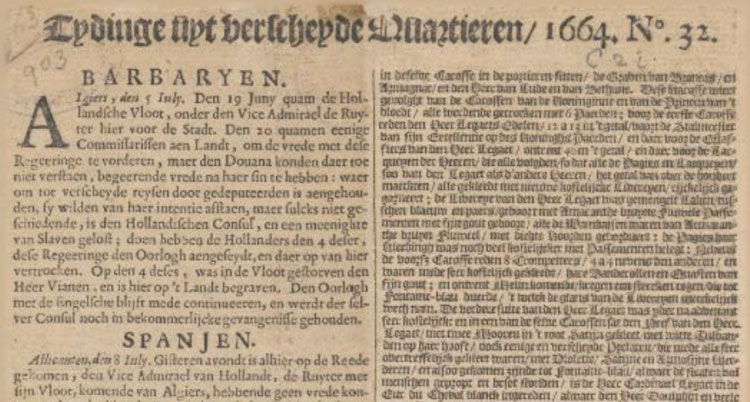 Uit Tijdinghe uyt verscheyde quartieren van 9 augustus 1664.