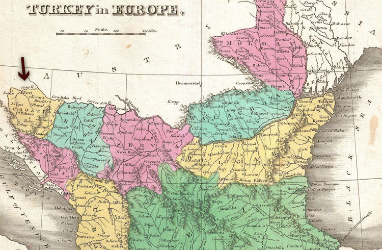 Een kaart uit 1827 van het Ottomaanse Rijk, met bij de pijl Kroatië. © Anthony Finley (1790–1840)