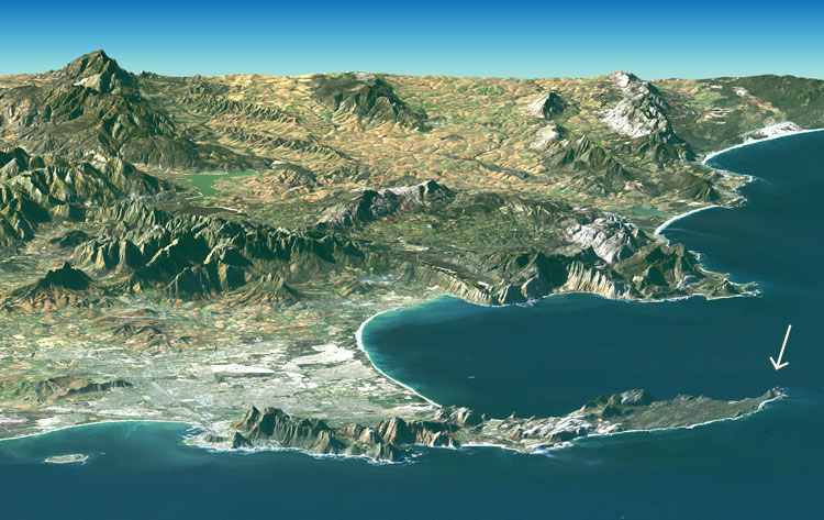 Satellietbeeld. Bij de pijl ligt Kaap de Goede Hoop, waar Jan van Riebeeck in 1652 de eerste Nederlandse kolonie stichtte.