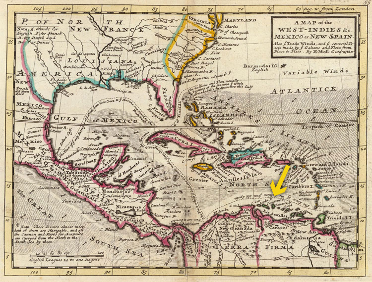 Kaart van West-Indië (nu Caraïbisch gebied). Bij de pijl liggen de ABC-eilanden. © Herman Moll (1654–1732)