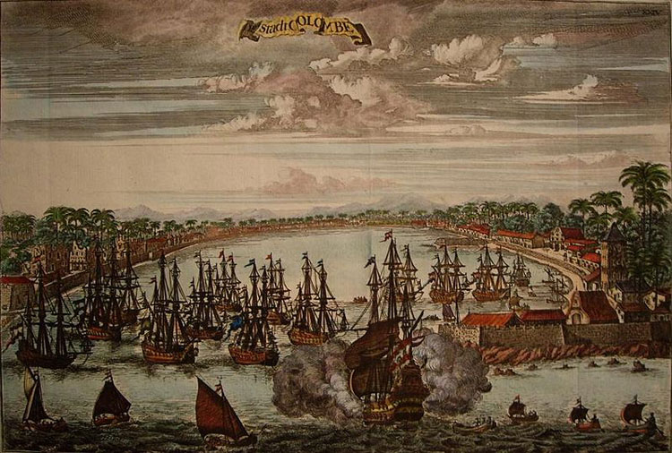 Colombo, nu de grootste stad van Sri Lanka, in het boek 'Reistogt naar en door Oostindien' uit 1775. © Johannes Kip (1653-1722)