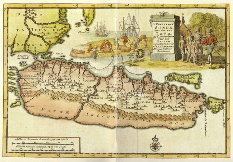 Op deze kaart uit de achttiende eeuw staat: 't Koninkryk Sunda met dat van Iava bij de inwoonderen voor een eiland gehouden en door den Hr. I.B. de Lavanha Als twee Eylanden beschreven.
