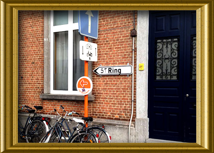 Wegwijzer naar de ringweg in het centrum van Leuven, België. © Maartje Luif