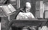 Een monnik achter zijn schrijftafel. © William Blades (1824-1890)
