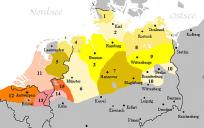Tegenwoordig verspreidingsgebied Nederlandse (de rode kleuren) en de Nederduitse dialecten (gelig).
