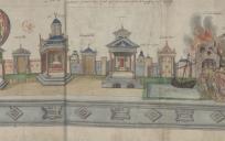Het decor van een toneelstuk uit de zestiende eeuw. © Hubert Cailleau (1526–1590)