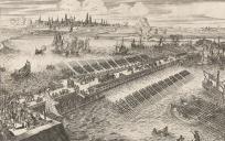 1585: Rijtuigen, soldaten en links de hertog van Parma op de schipbrug over de Schelde. In de verte ligt de stad Antwerpen. © Romeyn de Hooghe (1645-1708)