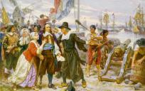 Inwoners van Nieuw Amsterdam smeken Peter Stuyvesant (links, met het houten been) om niet het vuur op de Engelsen te openen. © Jean Leon Gerome Ferris (1863–1930)