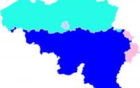 Donkerblauw: Franstalig, lichtblauw: Nederlandstalig, lavendelblauw: tweetalig (Brussel), roze: Duitstalig.