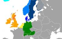 In kleur: de gebieden waar op dit moment Germaanse talen gesproken worden. © Wikimedia Commons