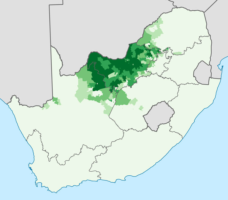 Hoe donkerder het gebied, hoe meer mensen er wonen die Tswana als moedertaal hebben.