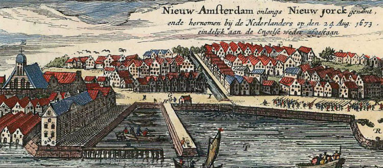 Op de afbeelding staat: 'Nieuw Amsterdam onlangs Nieuw Jorck genamt ende hernomen bij de Nederlanders op den 24 Aug. 1673'. Rond 1725 werd daaronder gezet: 'eindelijk aan de Engelse weder afgestaan'. © Hugo Allard (1645-1684)