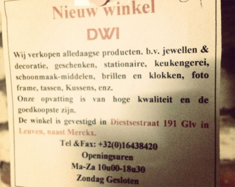 Een briefje van een winkel in Leuven, België.